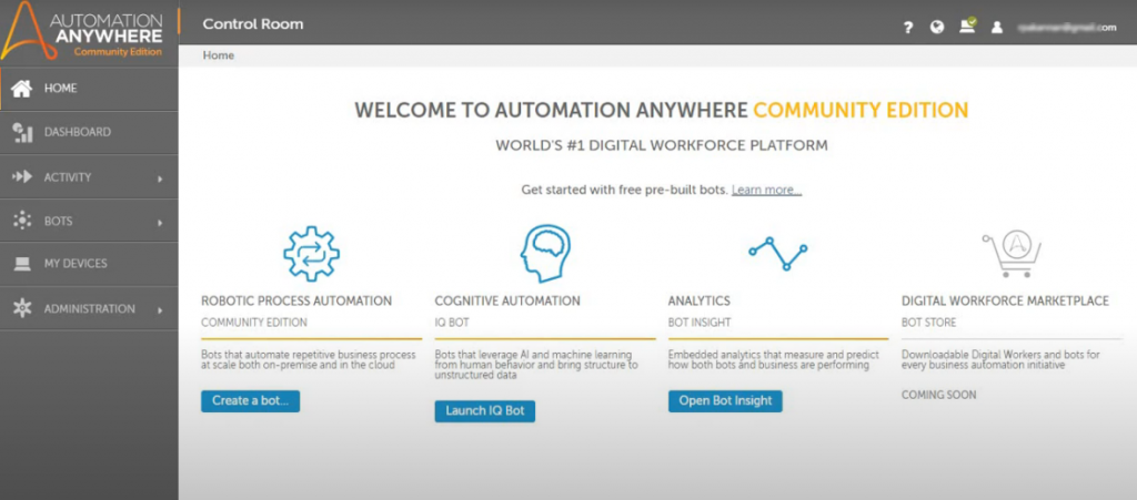 Automation Anywhere Community edition dashboard